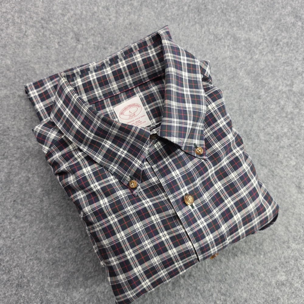 Brooks Brothers Large Black Red Check  Non Iron 100 % Cotton Traditional Fit
